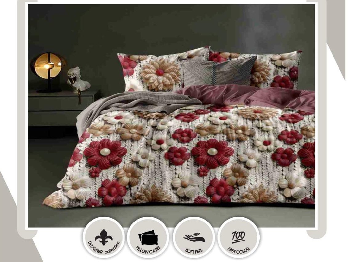 Designer Collection 3D Floral Bedding Set |  blooming red and warm beige floral accents | | 3D Bedsheet Floral | size - 7/8 ft | with 2 - pillow covers |