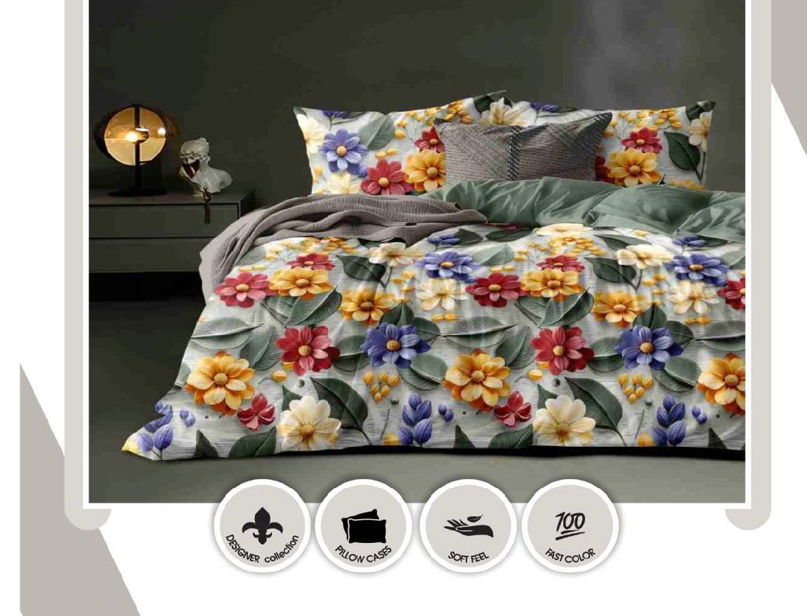 Luxury multi-color (crimson, purple, and golden blossoms) Floral Bedsheet Set | Premium soft fabric, rich botanical print | 3D Bedsheet  Floral | size - 7/8 ft | with 2 - pillow covers