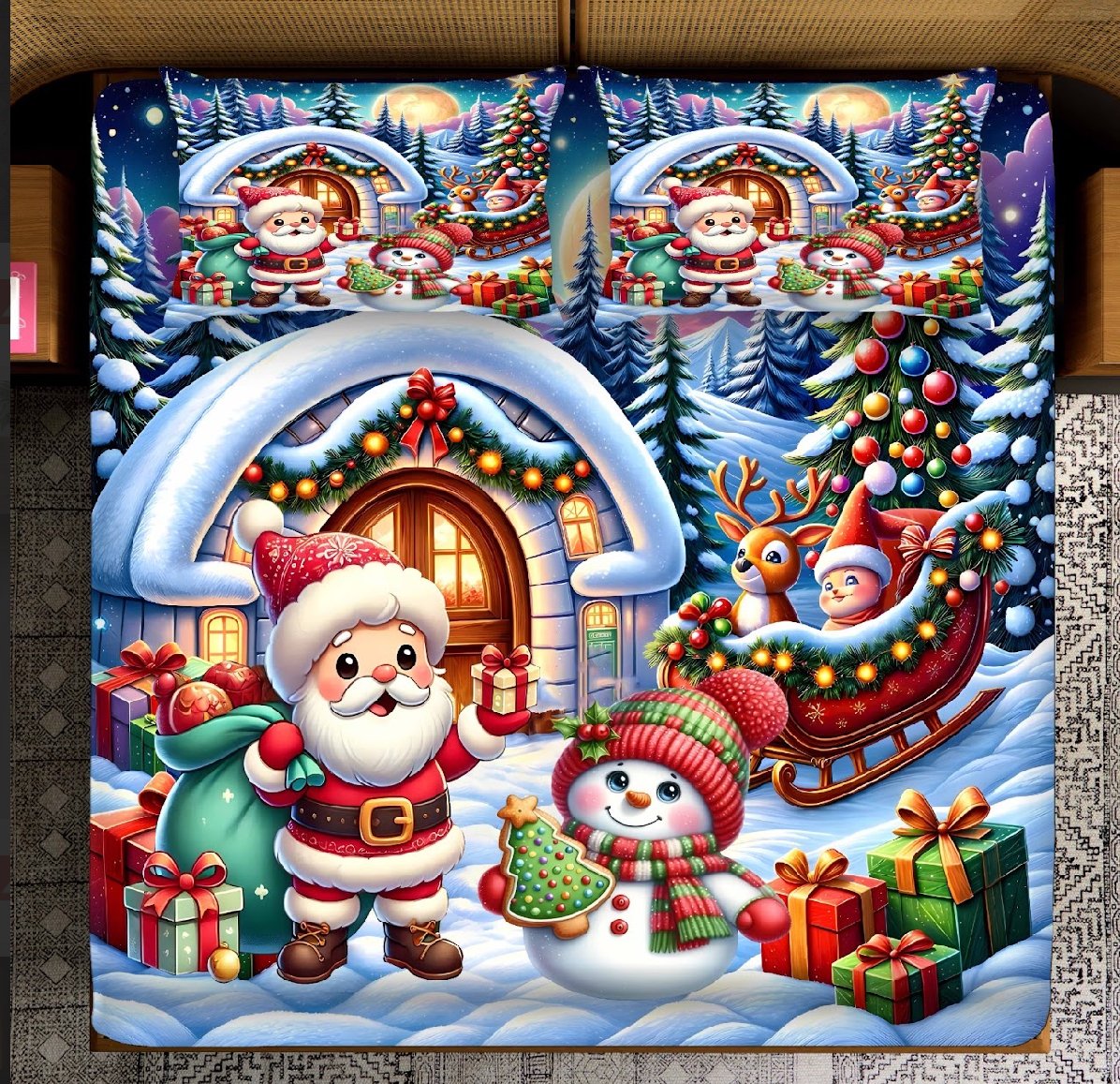 7D Bedsheet | Festive Christmas Santa and Snowman Printed Bedding Set | Santa Claus and a snowman. Soft, durable, and perfect for the holidays. | With pillow covers ||  9/9 ft King Size