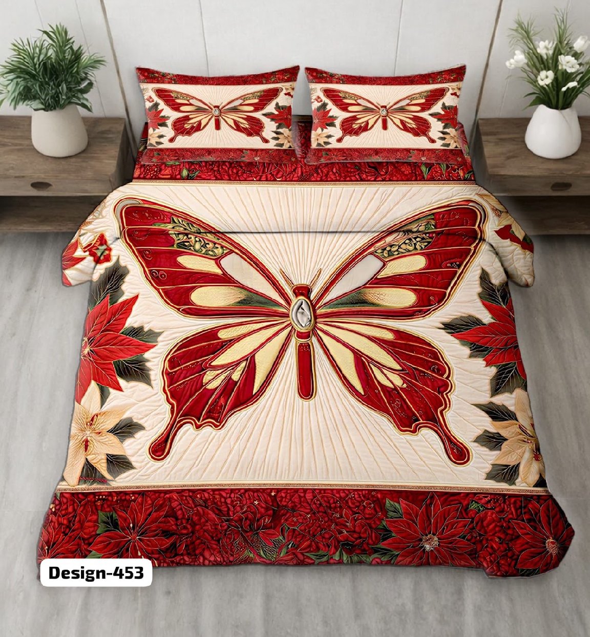 7D Bedsheet | Red butterfly | Poinsettia bedding set. Premium quality quilt with matching pillow shams for ultimate style and comfort. | 9/9 ft King Size |