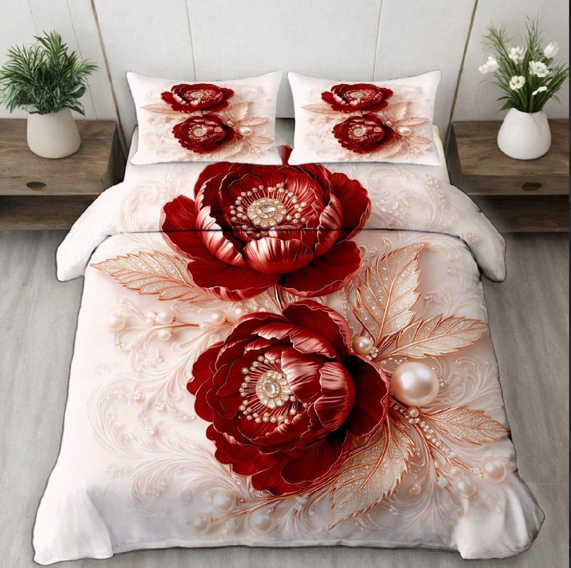 7D Bedsheet | Luxury 3D Red Rose Bedsheet  Set| floral artwork, golden leaves | With 2 Pillows | | 9/9 ft King Size |