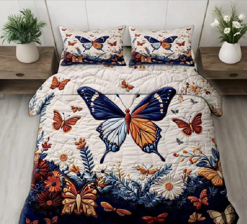 7D Bedsheet | Vibrant Butterfly &amp; Floral Quilt Bedding Set |  Features detailed floral patterns and matching pillow shams for ultimate comfort. | With  2 pillow covers | 9/9 ft king size |