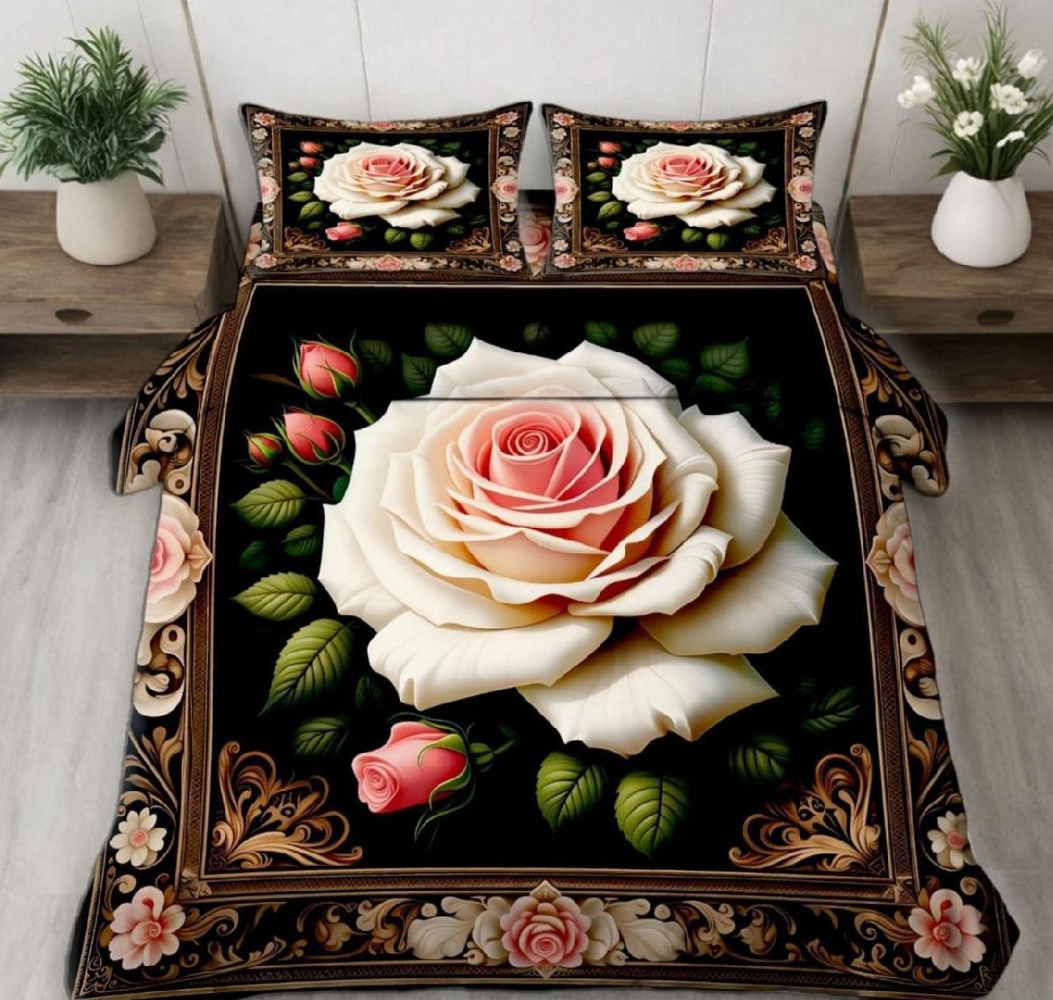 7D Bedsheet | 3D Elegant White Rose Floral Bedding Set with Pillowcases |  vibrant floral graphics and golden baroque borders. Soft, fade-resistant microfibre with matching pillow covers | 9/9 FT KING