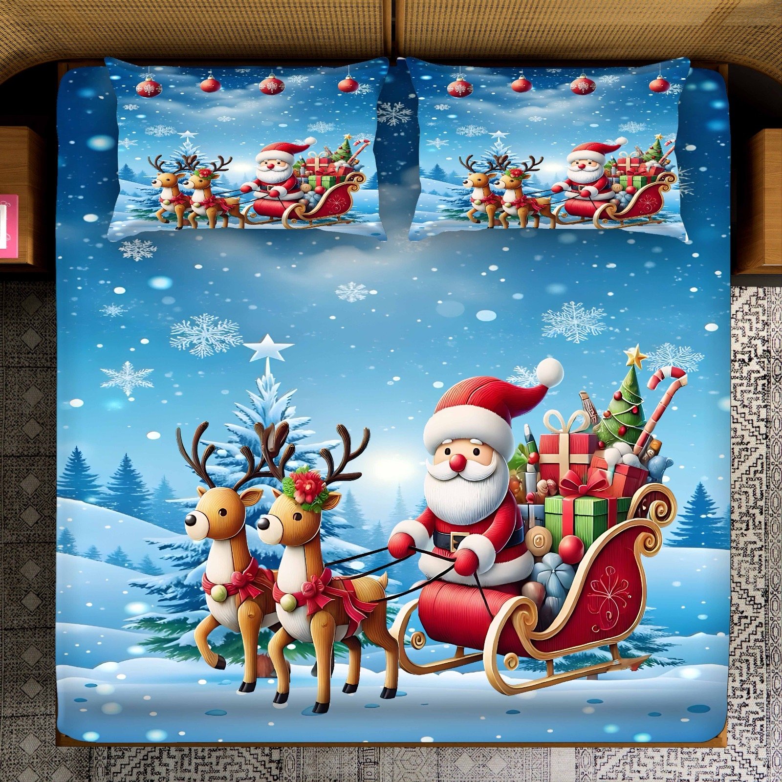 7D Bedsheet | CHRISTMAS THEME | Festive Christmas Santa Bedsheet Set | Holiday Bedding | Includes matching pillowcases. Ultra-soft, durable, and fade-resistant fabric. | 9/9 FT |