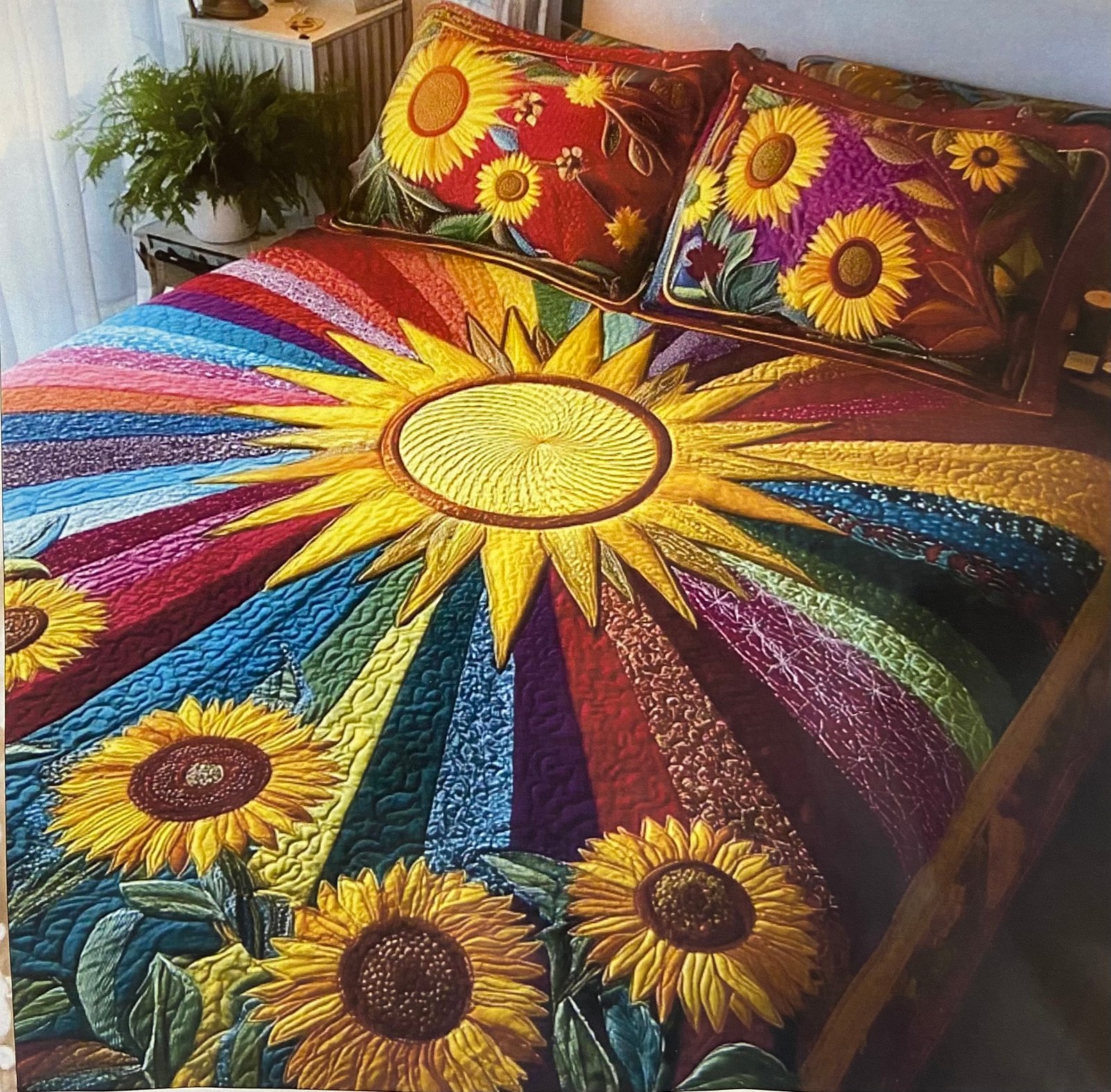 7D Bedsheet | Suraj theme | Vibrant Sunflower &amp; Sunburst Quilted Bedspread Set |  Featuring radiant rainbow rays and premium quilted stitching for ultimate comfort. | With 2 pillow covers |  9/9 f
