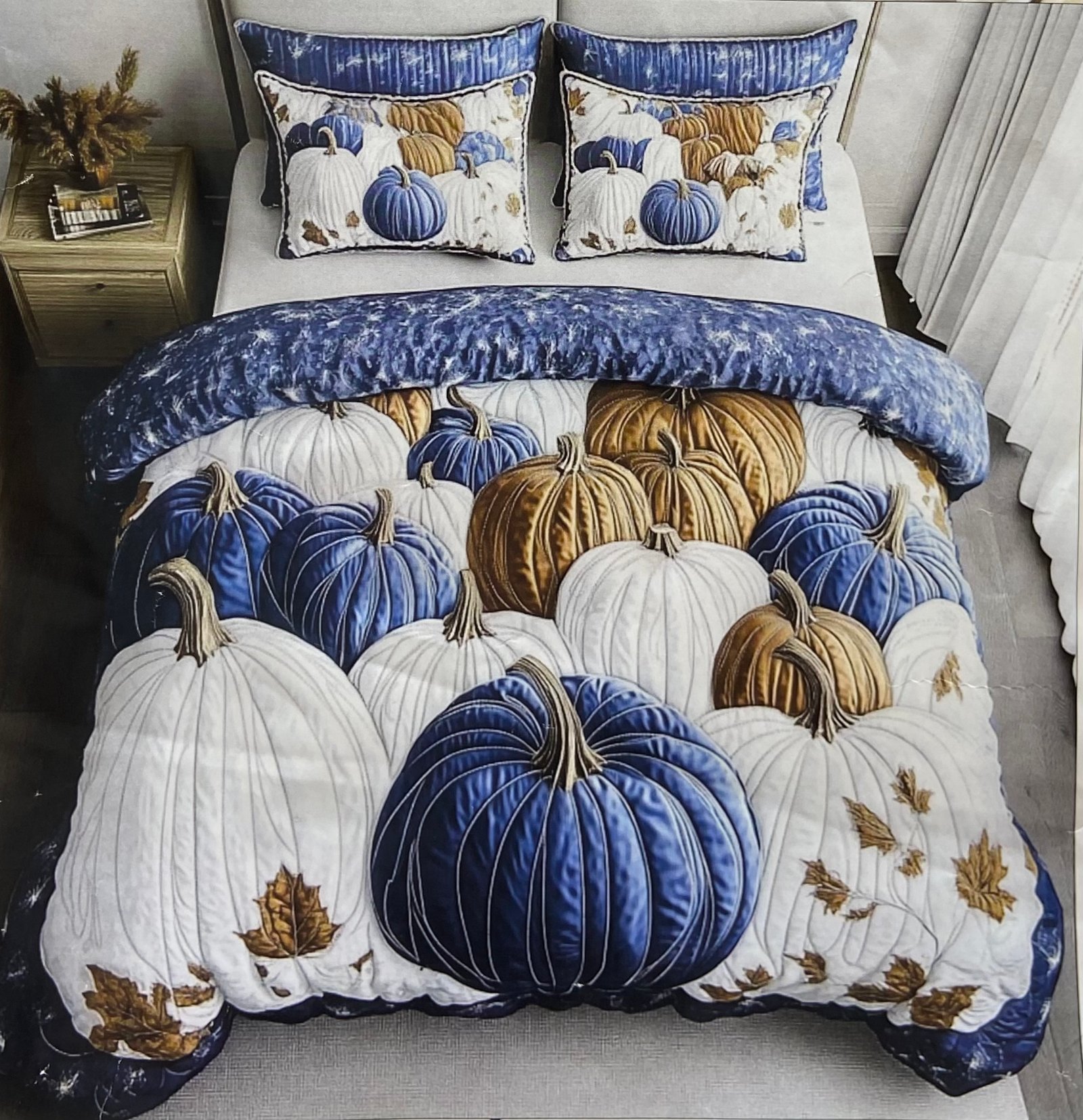 7D Bedsheet |  Blue &amp; Gold Harvest Pumpkin Printed Comforter Bedding Set |   Perfect fall bedding decor for cozy autumn style. |  9/9 ft KING SIZE |