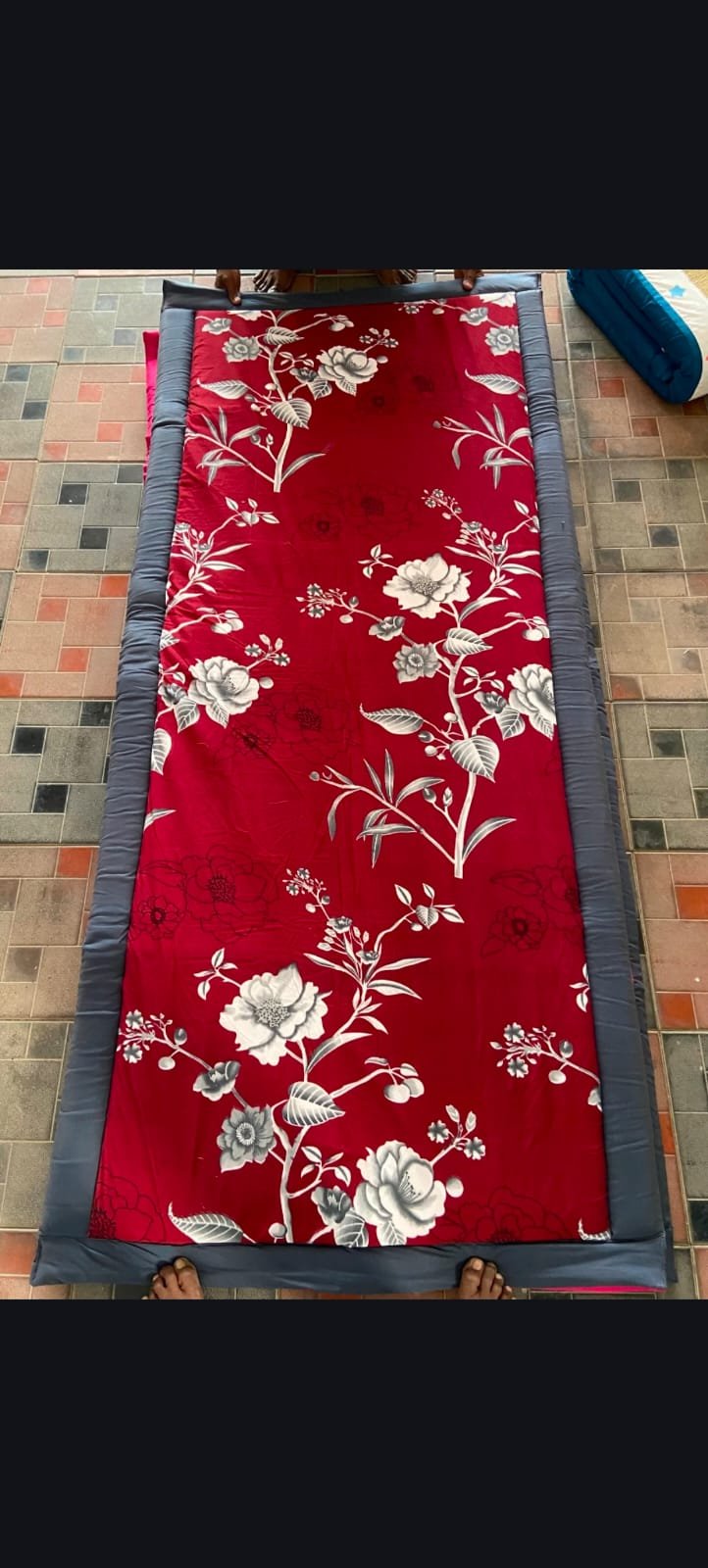 Red Floral Print Padded KORAI Mat with Grey Border | | 100% ECO-FRIENDLY | KORAI MATS ( 3/7 ) FT SIZE | Indian craftsmanship | Natural |