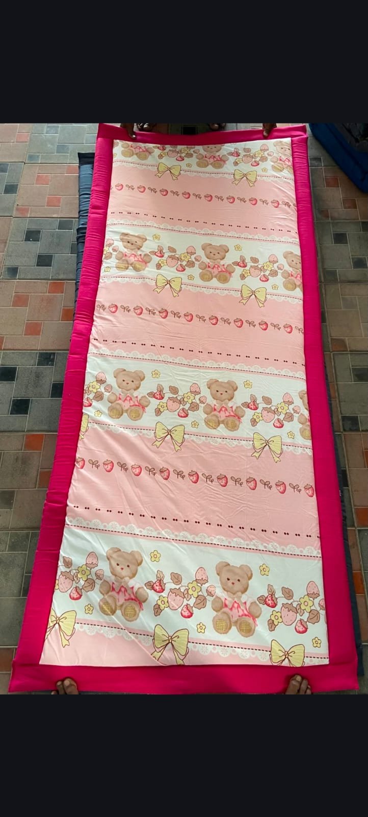Printed Korai Grass Mat | Pink Teddy Bear Fabric Backing | bright pink stitched borders | | Size 3/7 FT | 100% ECO-FRIENDLY | Indian craftsmanship with vibrant modern styling |