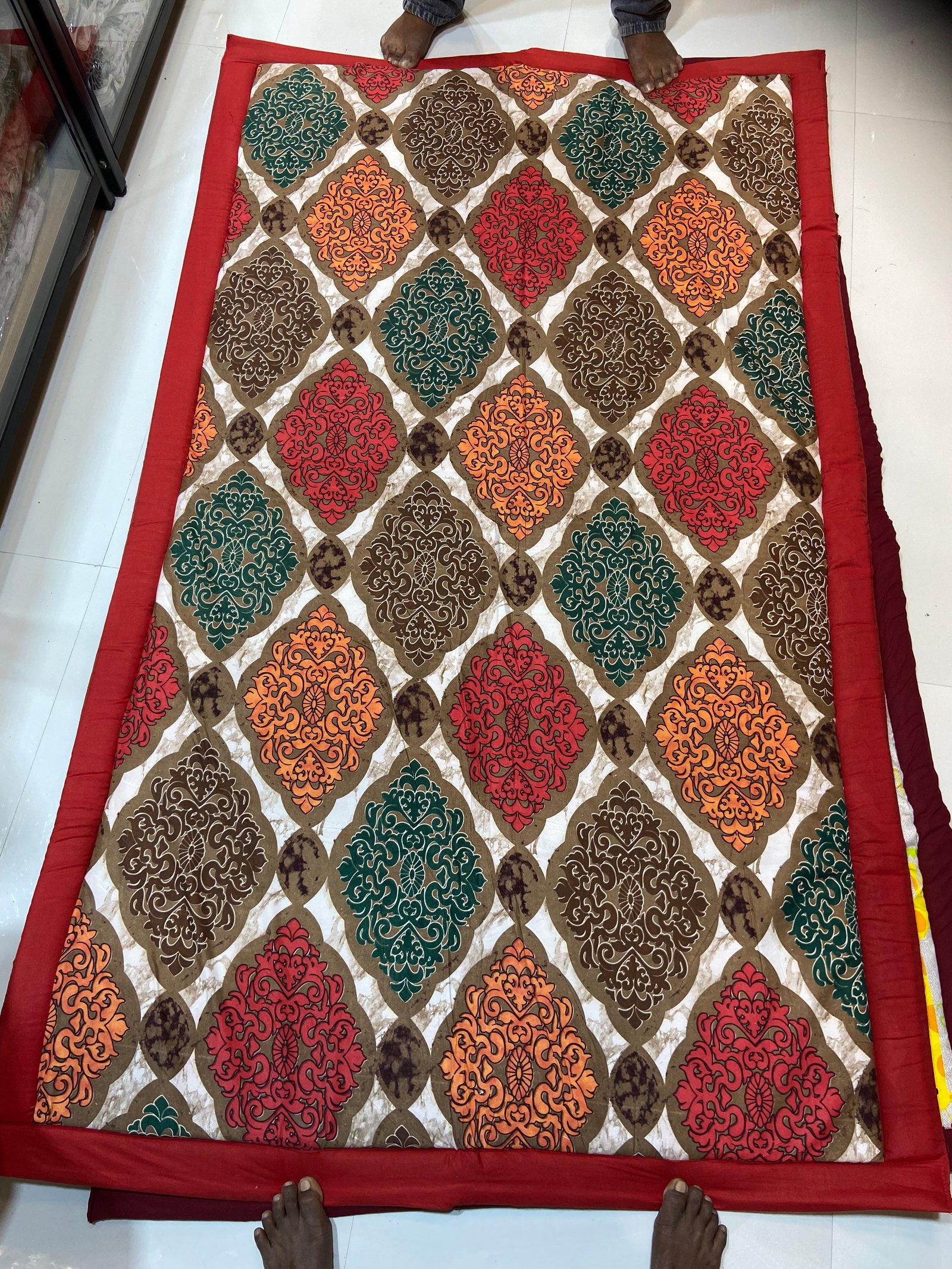 Traditional Printed Quilted KORAI Mat with Red fabric  Border | | (4/7) FT SIZE | | 100% ECO-FRIENDLY | Indian craftsmanship |