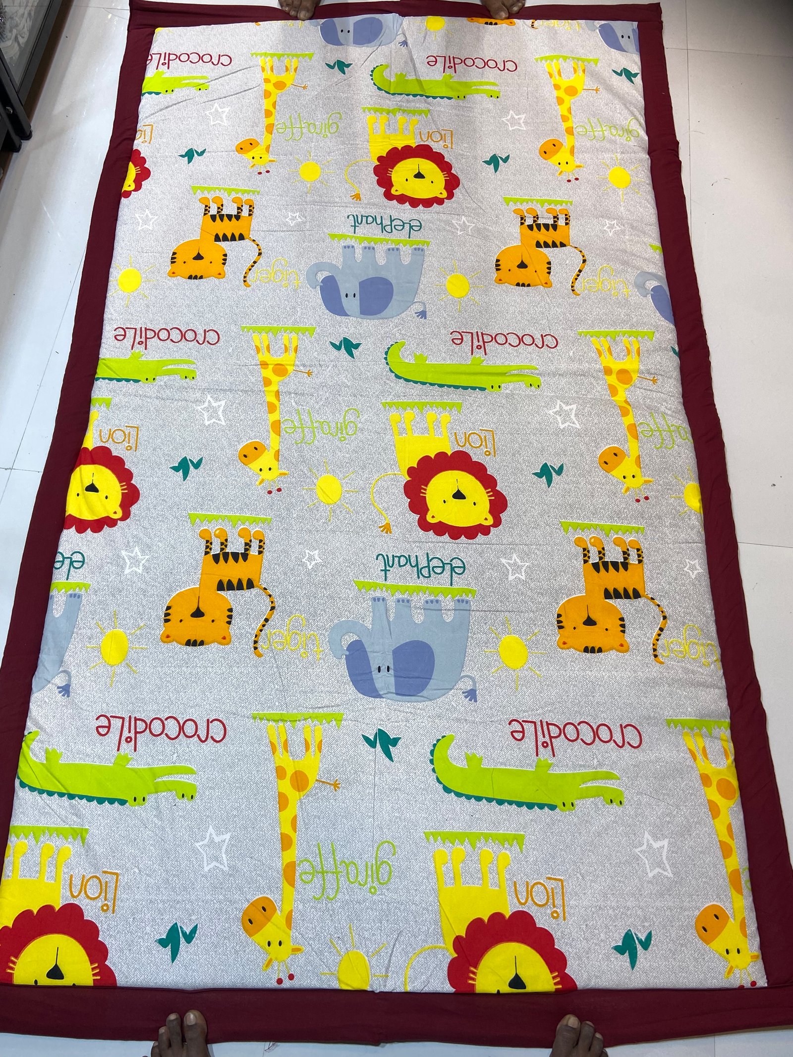 Kids Animal Print Korai Mat | Soft Korai Mat | Maroon Border | adorable lions, giraffes, elephants, tigers, and crocodiles | (4/7) FT SIZE | | 100% ECO-FRIENDLY | Indian craftsmanship with kid styling