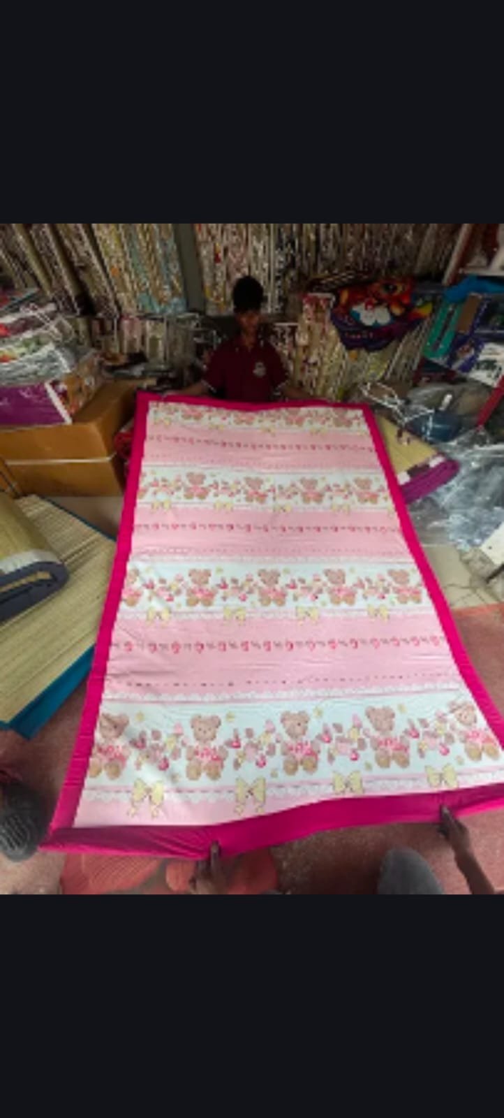 Printed Korai Grass Mat | Pink Teddy Bear Fabric Backing | bright pink stitched borders | | Size 5/7 FT | 100% ECO-FRIENDLY | Indian craftsmanship with vibrant modern styling |