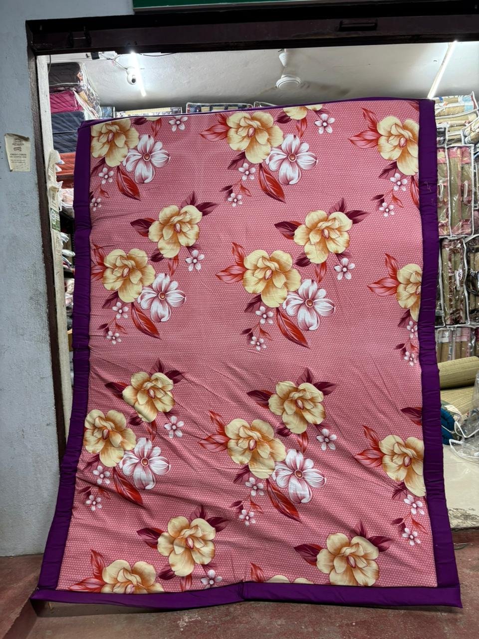 Floral Printed Quilted KORAI Mattress | Pink with Purple Border| Perfect for floor sleeping, daybeds, and home lounging comfort. | | KORAI MATS (5/7) FT SIZE | %100 PURE GRASS / ECO FRIENDLY |