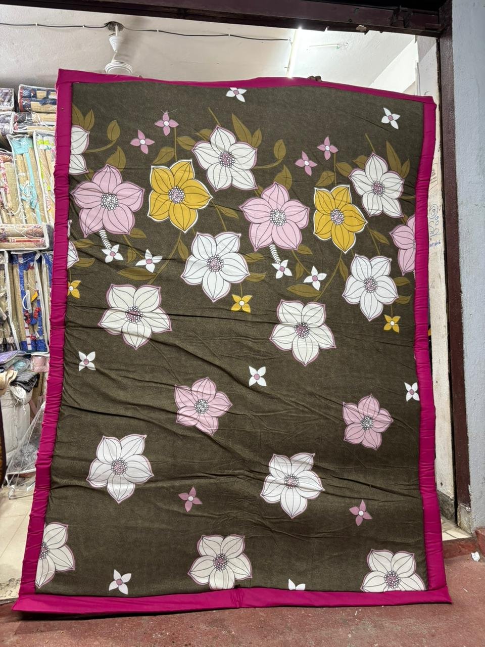 Quilted Floral Fabric Floor Mat – Olive Brown with Pink Border | | KORAI MATS (5/7) FT SIZE | %100 PURE GRASS / ECO FRIENDLY KORAI GRASS |