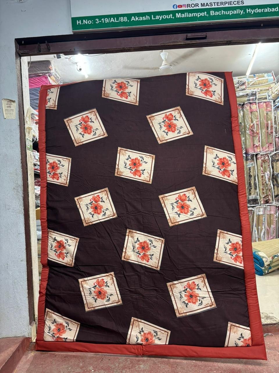 Traditional Floral Patchwork Cotton Quilt  &amp; Dohar | Soft Korai Mat | DARK RED Border |    decorated with orange floral |    South Indian craftsmanship | Size 5/7 FT | 100% ECO-FRIENDLY |
