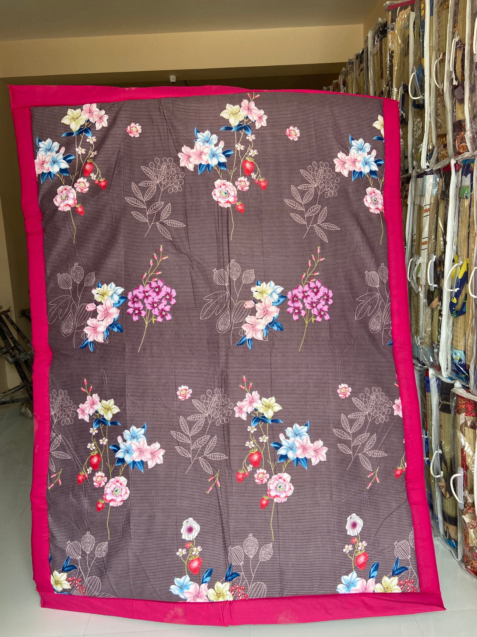 Cloth-Backed Handwoven Korai Grass Mat – Floral Print | soft floral-printed cotton backing and a vibrant pink border |  KORAI MATS (5/7) FT SIZE |  %100 PURE GRASS / ECO FRIENDLY KORAI GRASS |