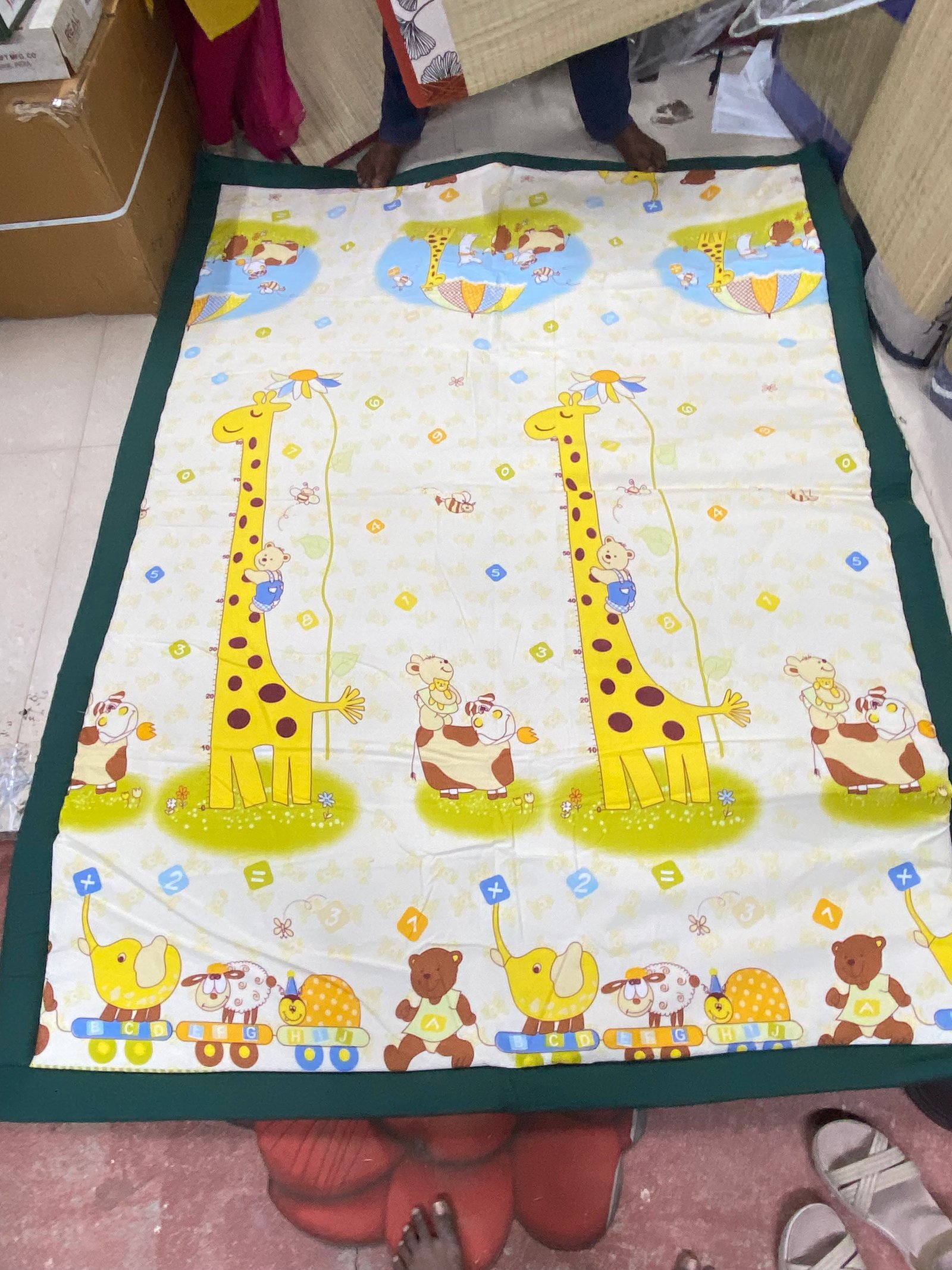 Kids Animal Print Korai Mat | Soft Korai Mat | DARK GREEN Border | adorable lions, giraffes, elephants, tigers, and cows | 100% ECO-FRIENDLY | Size 5/7 FT| Indian craftsmanship with kid styling |