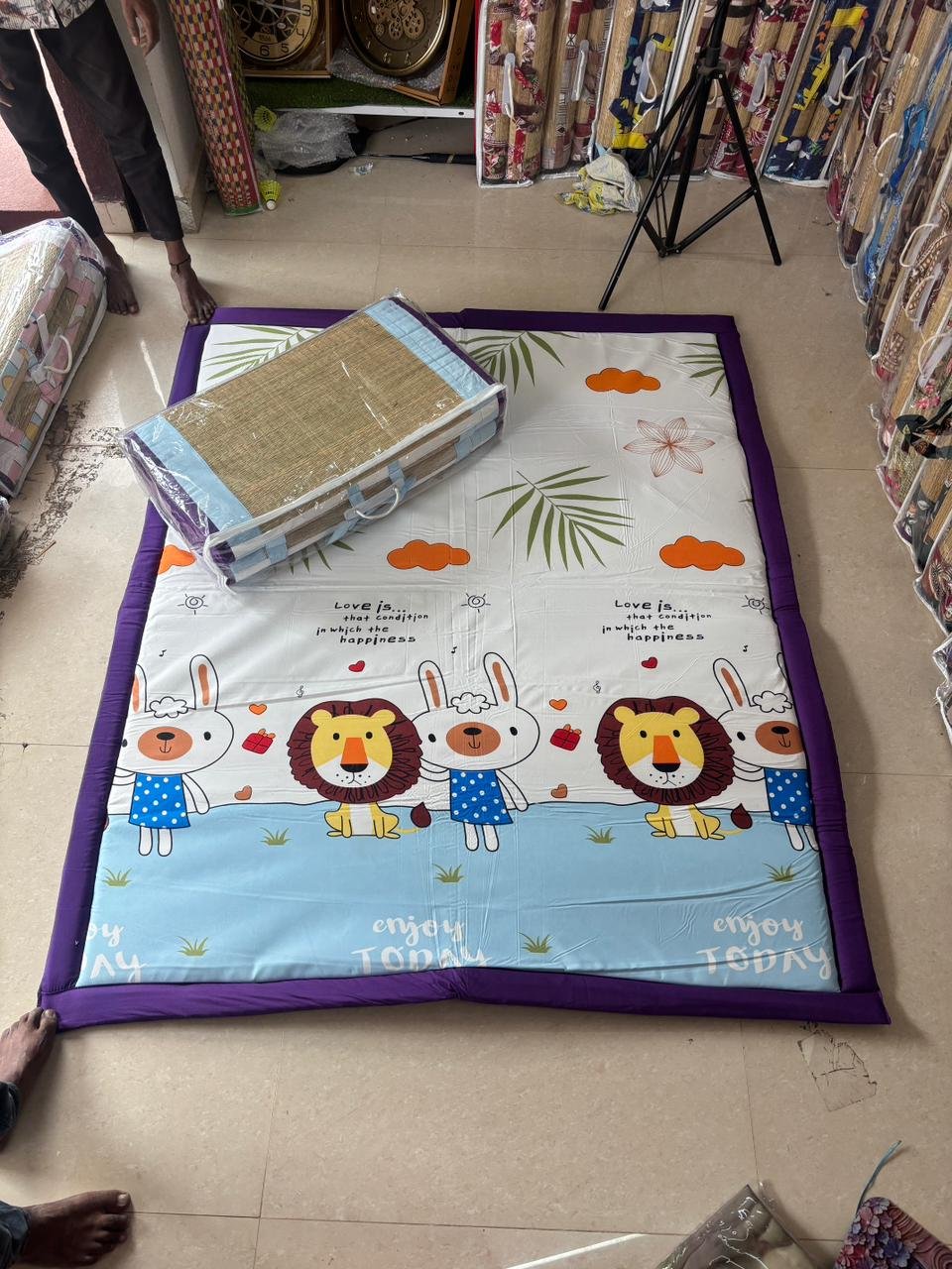 Foldable Printed Korai Grass Mat Set - Cute Cartoon Design | Perfect for sitting, sleeping, yoga, or kids playtime. | CLOUDS, lions, leaves | PURPLE border | 100% ECO-FRIENDLY | Size 6/7 FT| Ind