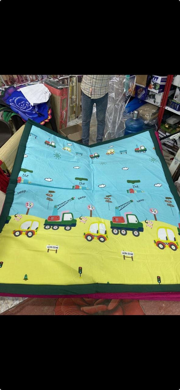 Kids Construction Theme Printed Floor Play Mat | colourful construction trucks, cranes, and fun road graphics | Dark GREEN border | | 100% ECO-FRIENDLY | Size 6/7 FT| Indian craftsmanship with kid sty