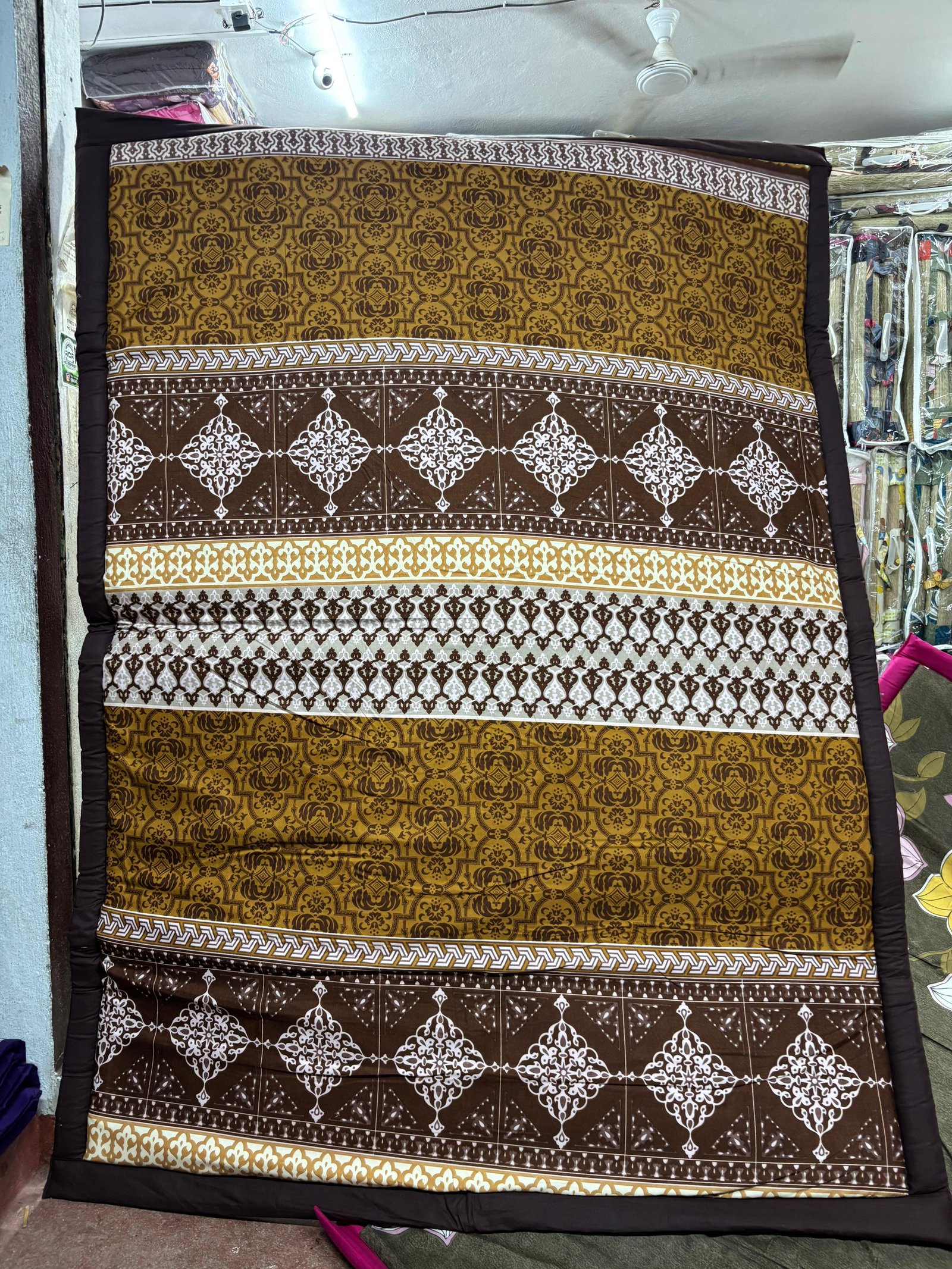 Traditional Printed Quilted Floor Mat – Mustard with Brown Motifs | geometric motifs with dark brown piped edges. | KORAI MATS 6/7 FT |  %100 PURE GRASS / ECO FRIENDLY KORAI GRASS |