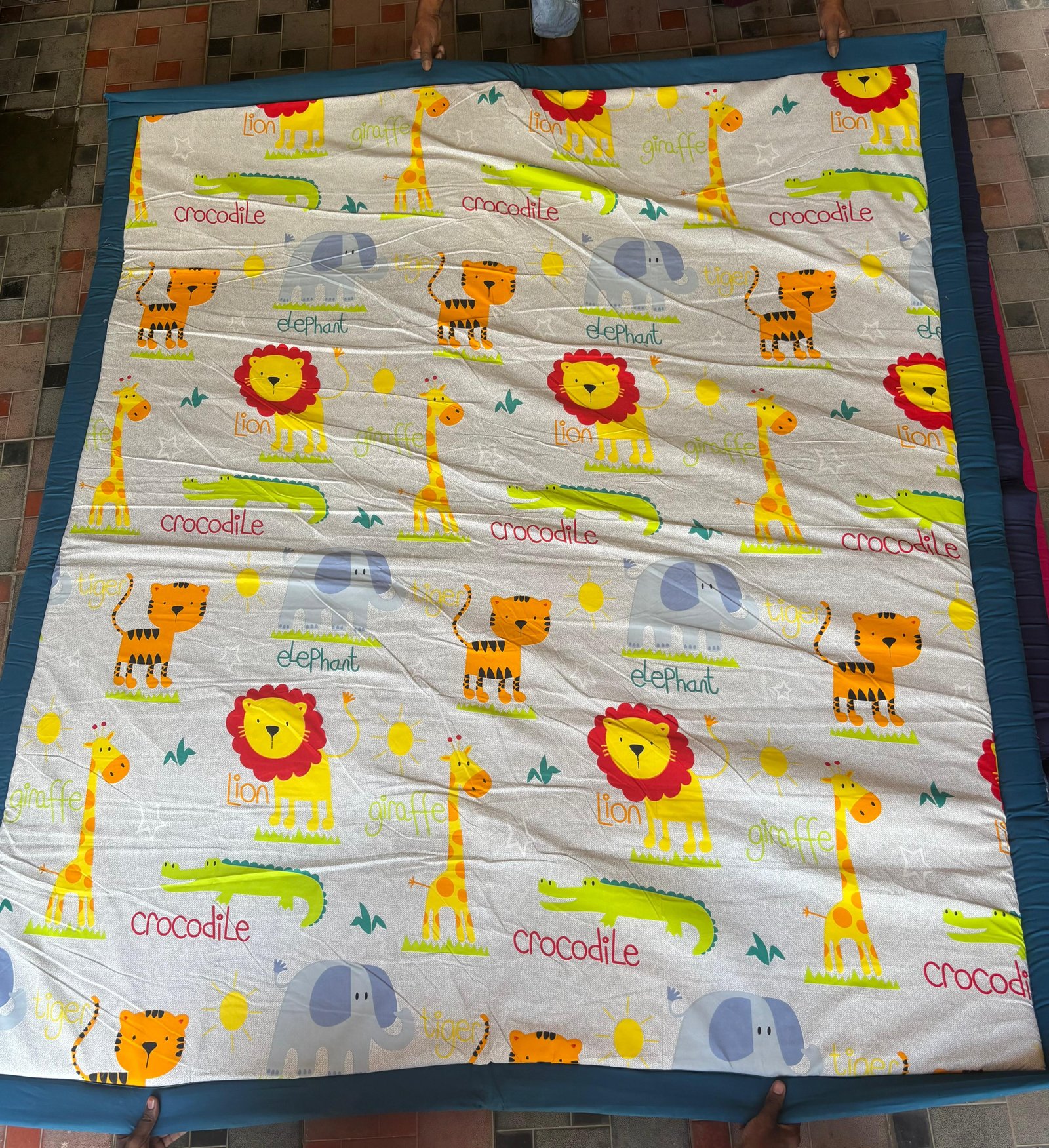 Kids Animal Print Korai Mat | Soft Korai Mat | DARK GREEN Border | adorable lions, giraffes, elephants, tigers, and cows | 100% ECO-FRIENDLY | Size 6/7 FT| Indian craftsmanship with kid styling |