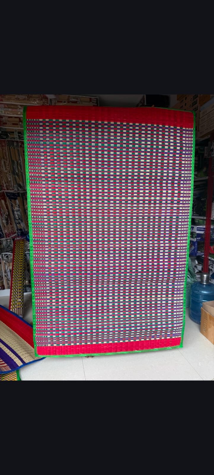Traditional Handwoven Korai Grass Sleeping Mat with Red Border | vibrant multi-color weave patterns | red, green, purple, and natural beige tones (4/7) FT SIZE | | 100% ECO-FRIENDLY | Indian craftsman