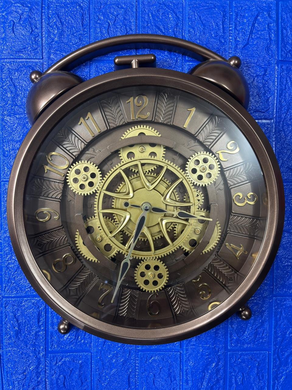 Vintage Steampunk Gear Wall Clock - Antique Bronze Twin Bell Design  | oversized alarm clock silhouette |  | gold 3D numerals | | Size -16X19 IN| WITH 1 YEAR WARRANTY |