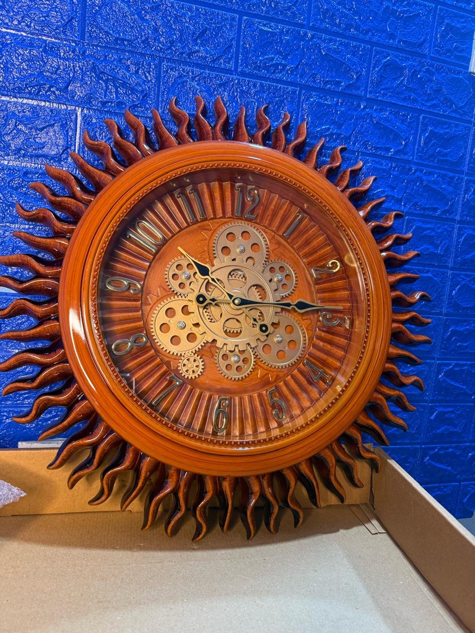 Vintage Sunburst Wooden Wall Clock with Exposed Gear Detail |Perfect for living , offices, hallways, or dining areas | SIZE 20X20 IN | WITH 1 YEAR WARRANTY |
