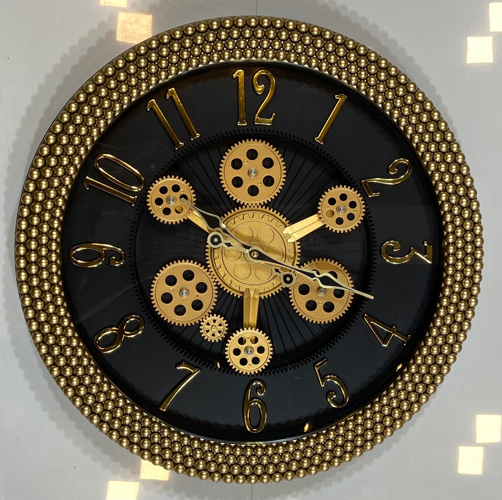 Luxury Vintage Gold and Black Steampunk Gear Wall Clock | Textured beaded frame and elegant gold 3D numerals. | SIZE 20X20 IN  | WITH 1 YEAR WARRANTY |