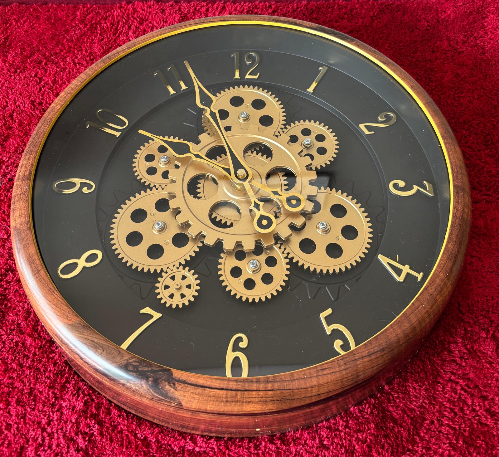 Vintage Steampunk Moving Gear Wall Clock with Wooden Frame | Marble style | Rich black dial adorned with classic gold numerals | | Size - 14X14 IN | WITH 1 YEAR WARRANTY |