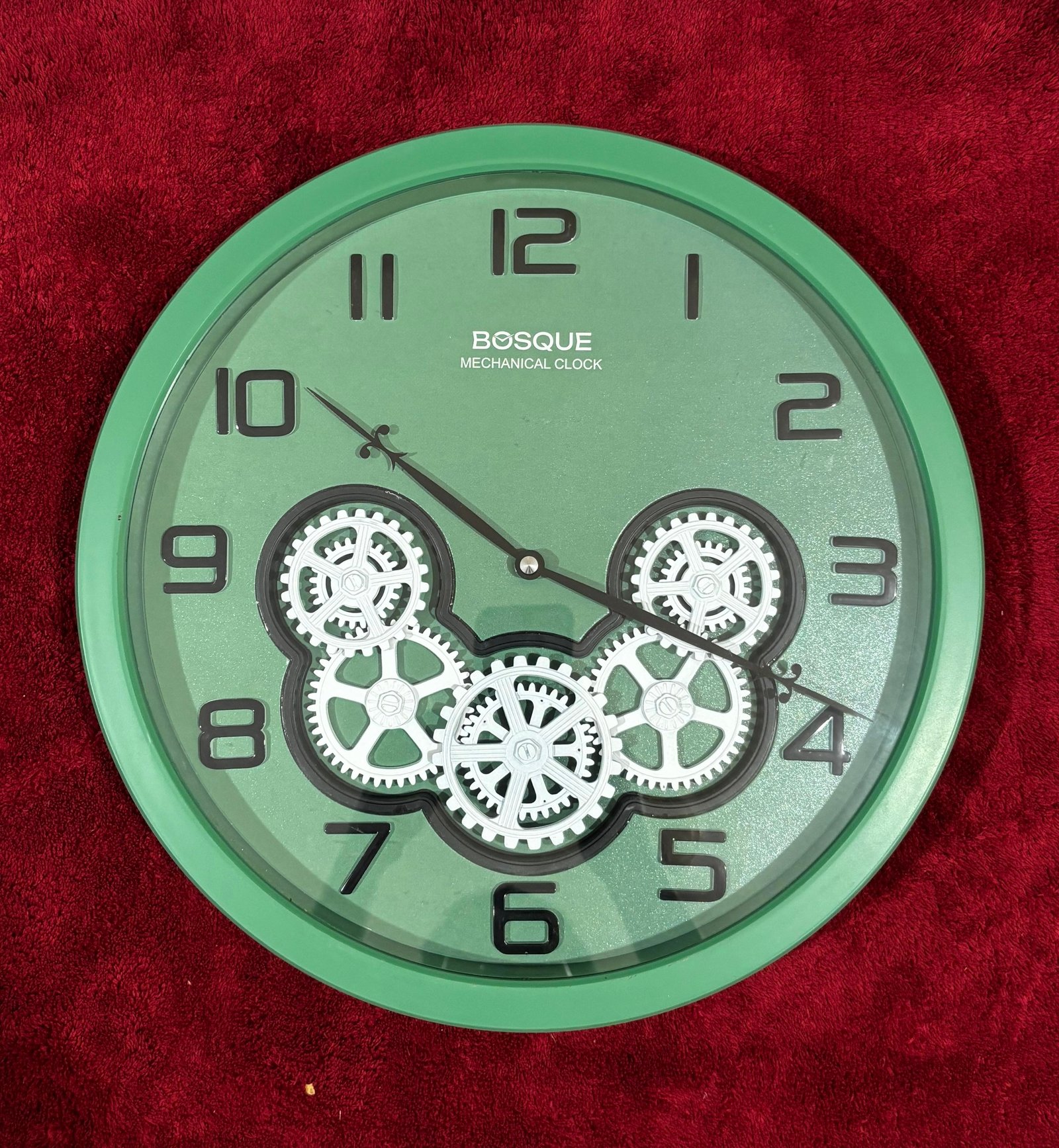 Bosque Modern Green Mechanical Gear Wall Clock |  living space, office, or studio | Black 3D numerals  | Size - 14X14 IN | WITH 1 YEAR WARRANTY |