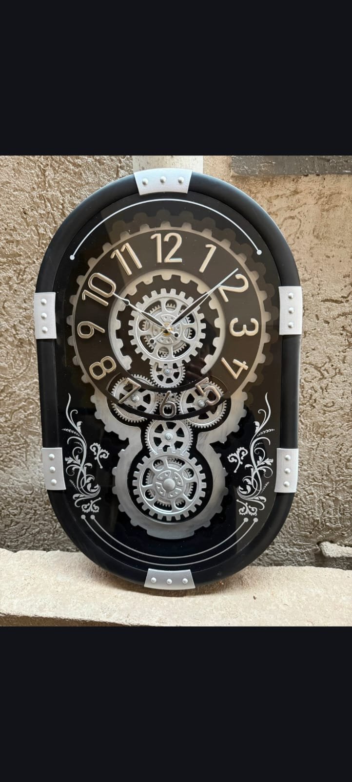 Steampunk Industrial Moving Gear Oval Wall Clock | Gear mechanics and elegant silver accents. | GOLD hands | 16X24 IN | WITH 1 YEAR WARRANTY |