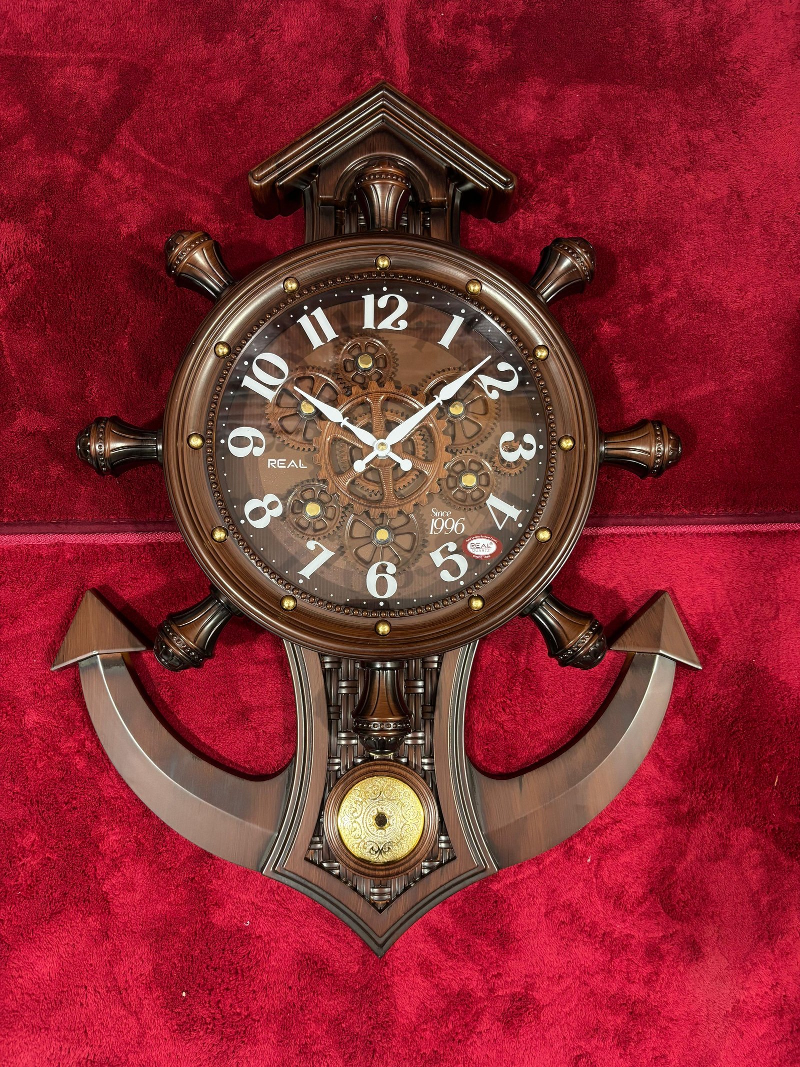 Vintage Nautical Anchor and Ship Wheel Wall Clock with Gear Dial | White numerals | warm wood- DIAL and-white romans | Size - 26X14 IN | WITH 1 YEAR WARRANTY |