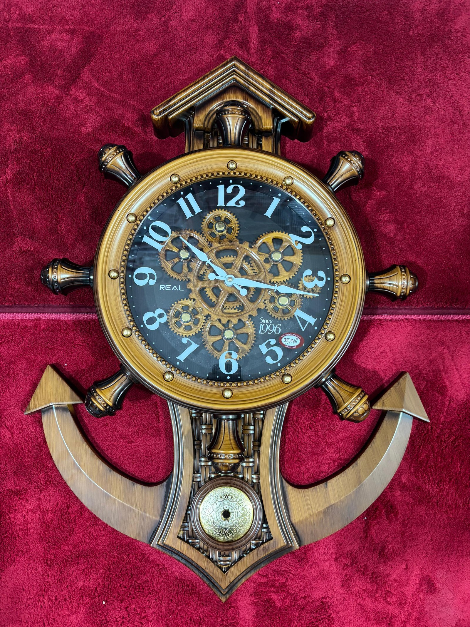 Vintage Nautical Anchor and Ship Wheel Wall Clock with Gear Dial | BOLD numerals |  warm wood-and-bronze finish | Size - 26X14 IN | WITH 1 YEAR WARRANTY |