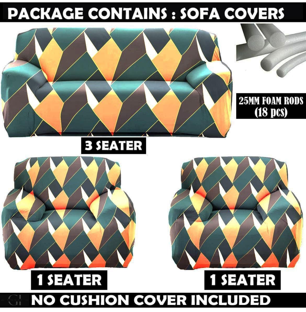 Geometric Printed 5-Seater Stretchable | Sofa Cover Set (3+1+1) | shades of Teal, mustard Yellow, dark Grey, and White