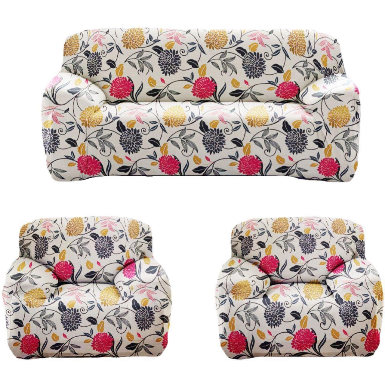 Vibrant Floral Elastic Sofa Slipcover Set (3-Piece) Sofa Cover Set (3+1+1 Seater) | 3-seater couch and two 1-seater armchairs | rich Magenta, golden Yellow, and charcoal blossoms on a neutral backgrou