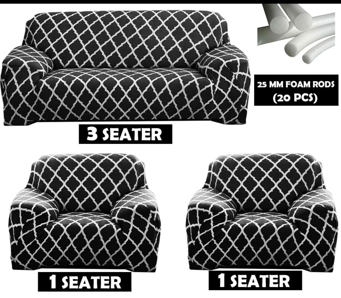5-Seater Elastic Sofa Cover Set (3+1+1) |  Black Trellis Pattern | one 3-seater sofa cover and two single-seater armchair covers |