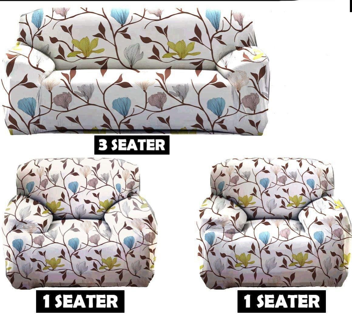 Modern Floral Print Stretch Sofa Cover Set (3+1+1 Seater) | 3-seater couch and two 1-seater armchairs | serene blue, mustard yellow, and earth tones |