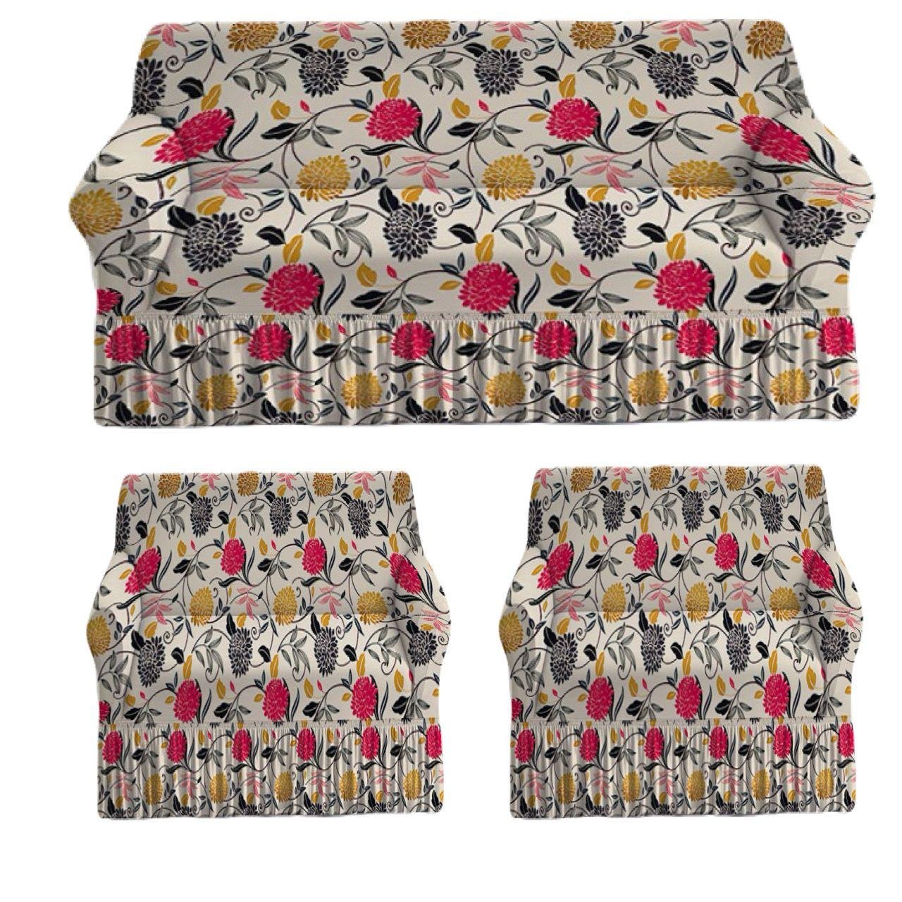 Floral Printed Sofa Cover Set with Ruffled Skirt  | Vibrant floral accents on a neutral backdrop |FRILL SOFA COVER SET 3+1+1