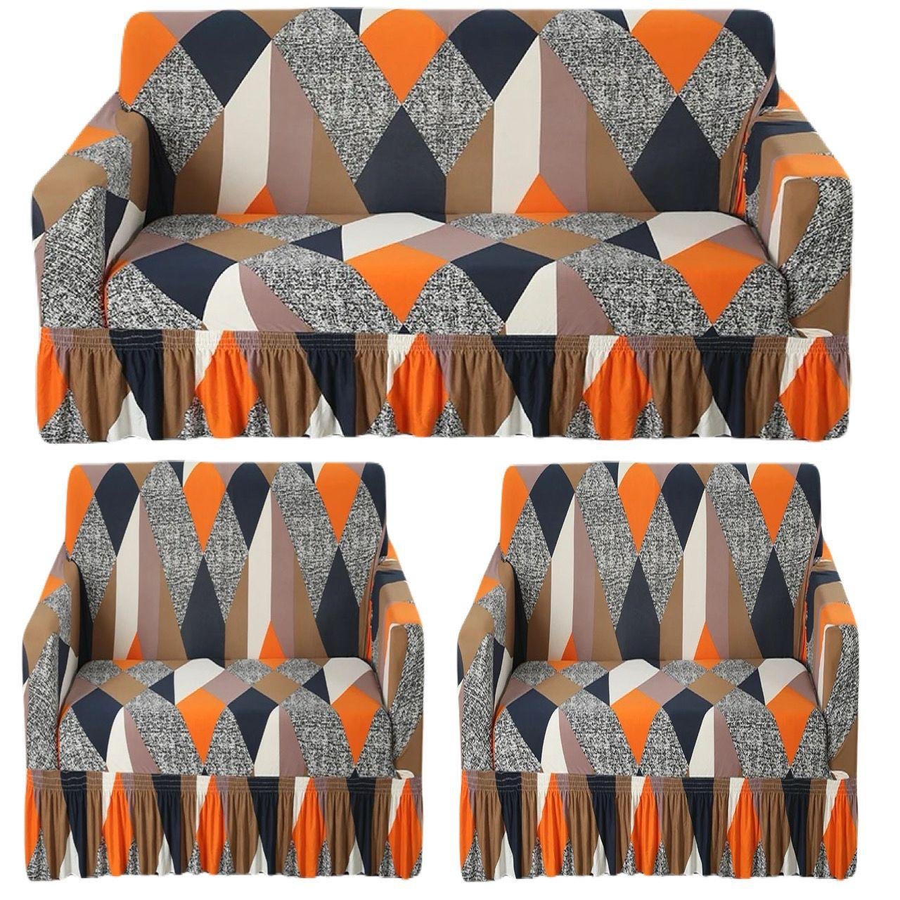 Geometric Printed Sofa Slipcover Set with Ruffled Skirt (3-Piece) | Vibrant Orange, Navy Blue, charcoal, and warm earth tones | FRILL SOFA COVER SET 3+1+1