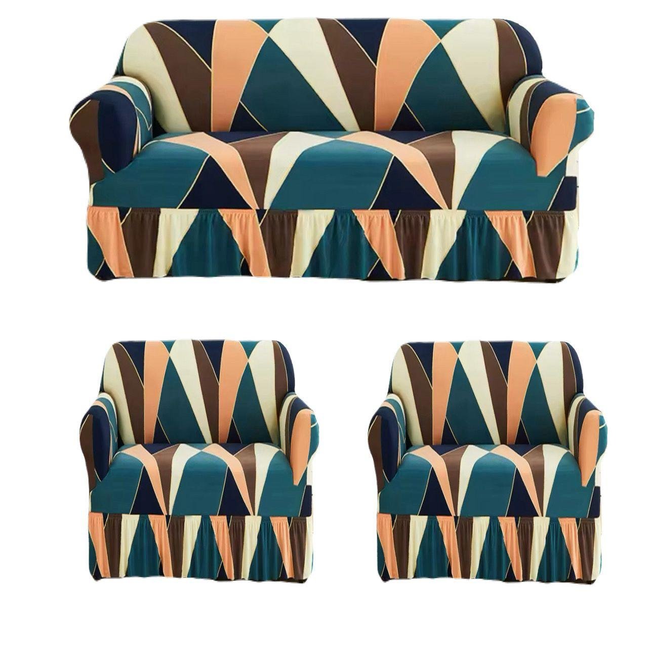Modern Geometric Elastic Sofa Cover Set with Ruffled Skirt (3-Piece) |  Deep teal, warm peach, rich brown, and soft cream tones | FRILL SOFA COVER SET 3+1+1