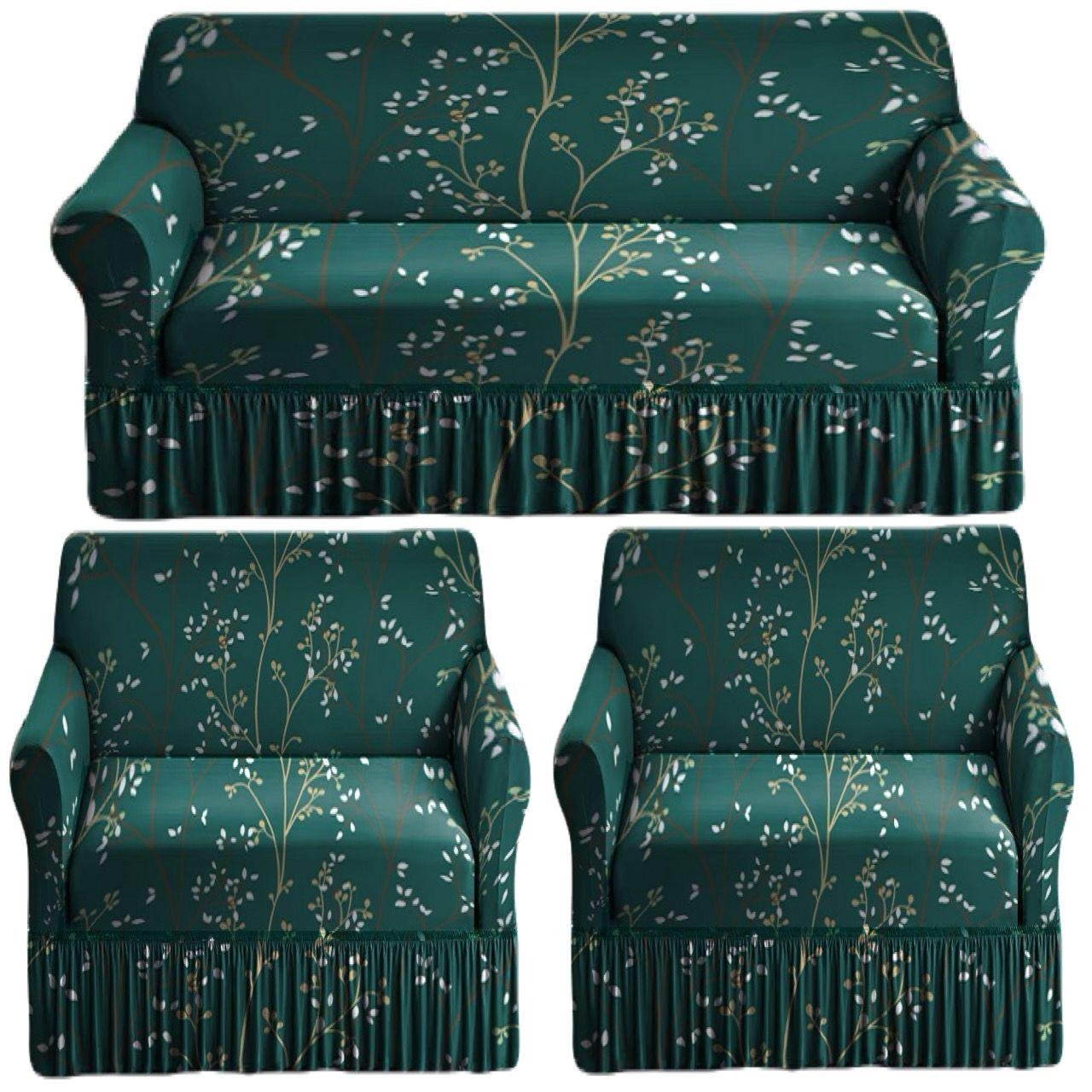 Teal Botanical Print 3-Piece Stretch Sofa Cover Set with Skirt | FRILL SOFA COVER SET 3+1+1