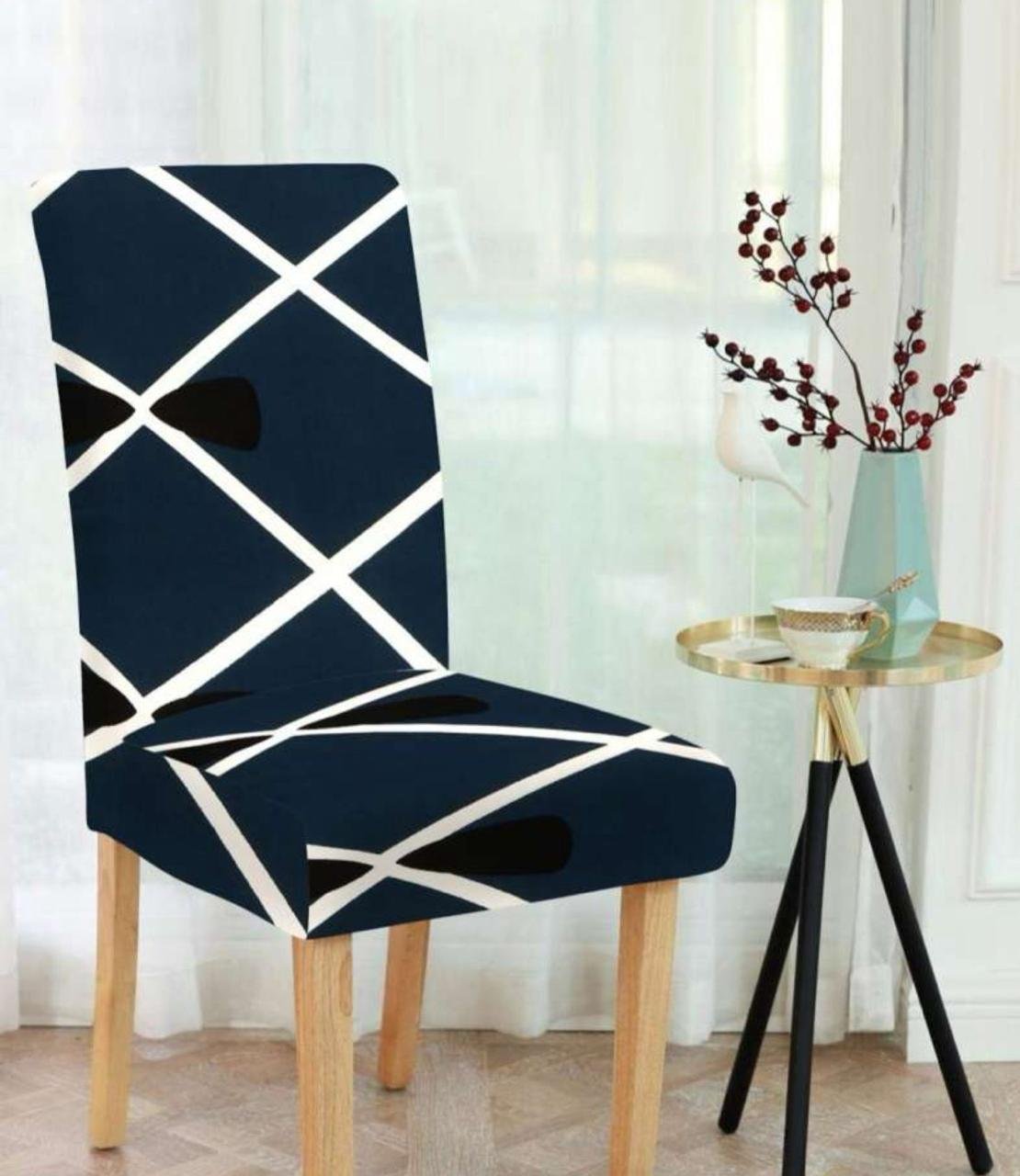 Geometric Navy Blue Stretch Dining Chair Slipcovers - Set of 6 | CHAIR COVERS (6 PIECES)