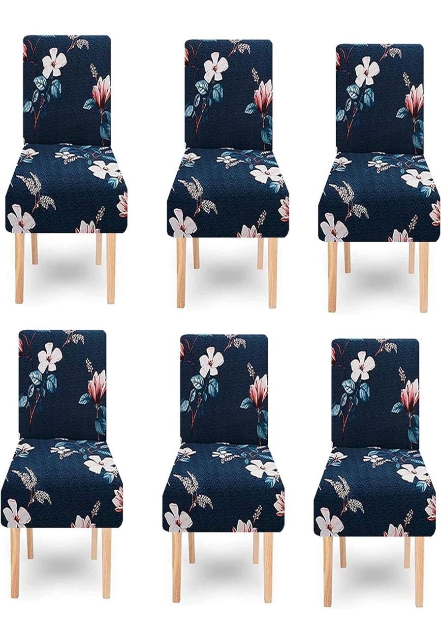 Navy Floral Dining Chair Covers | soft white and pink blossoms | - Set of 6 Stretchable Slipcovers | CHAIR COVERS (6 PIECES)