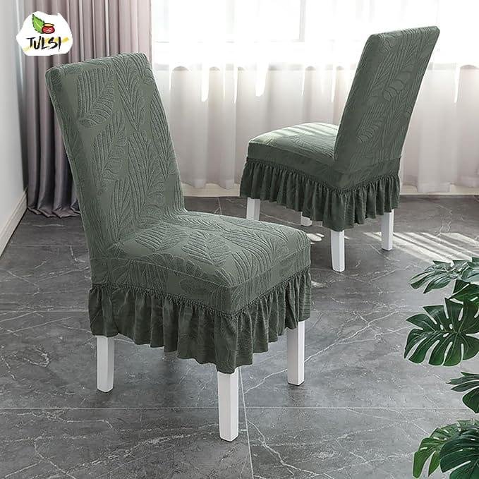 Leaf Patterned | serene olive green tone | Dining Chair Covers with Ruffle - Set of 6 | FRILL CHAIR COVERS (6 PIECES)