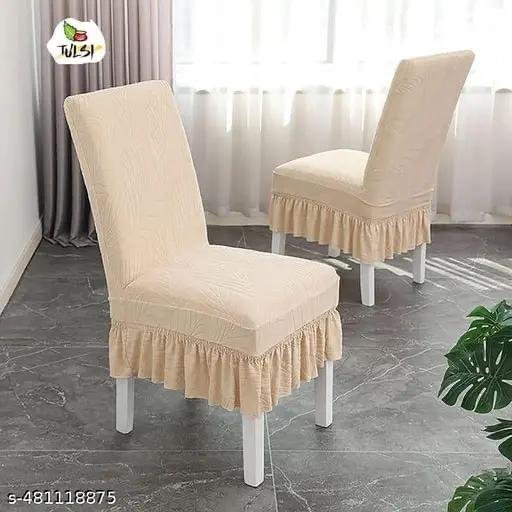 Tulsi Beige Ruffled Stretchable Dining Chair Covers Set of 6 | FRILL CHAIR COVER SET (6 PIECES)
