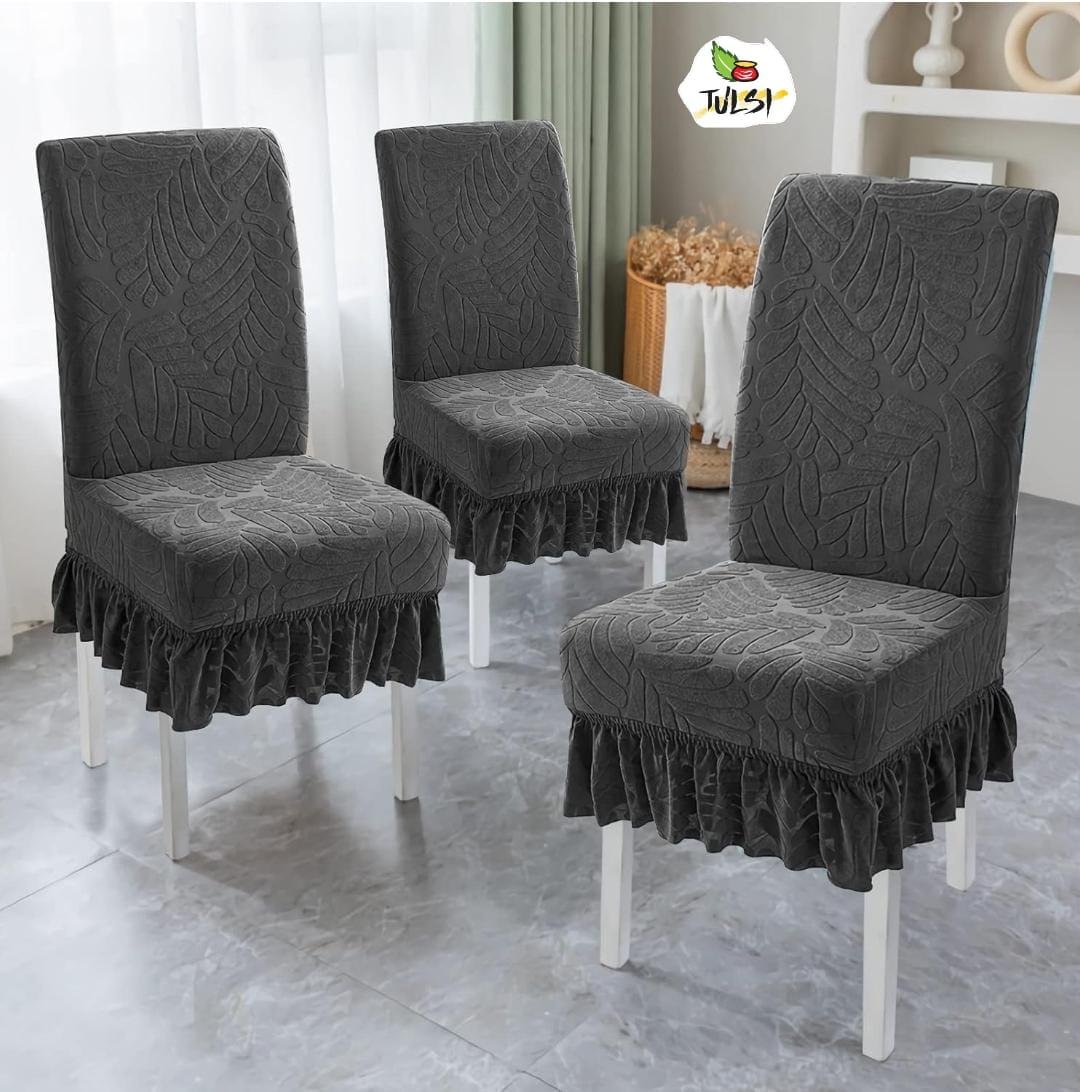 Tulsi Dark Grey Jacquard Leaf Dining Chair Covers with Ruffled Skirt - Set of 6 | FRILL CHAIR COVERS (6 PIECES)