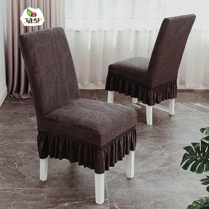 Tulsi Elasticated Jacquard Dining Chair Covers with Ruffle - Set of 6 | FRILL CHAIR COVERS (6 PIECES)