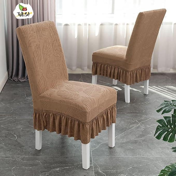 Brown Jacquard Stretch Dining Chair Covers Set of 6 with Ruffle |FRILL CHAIR COVERS (6 PIECES)