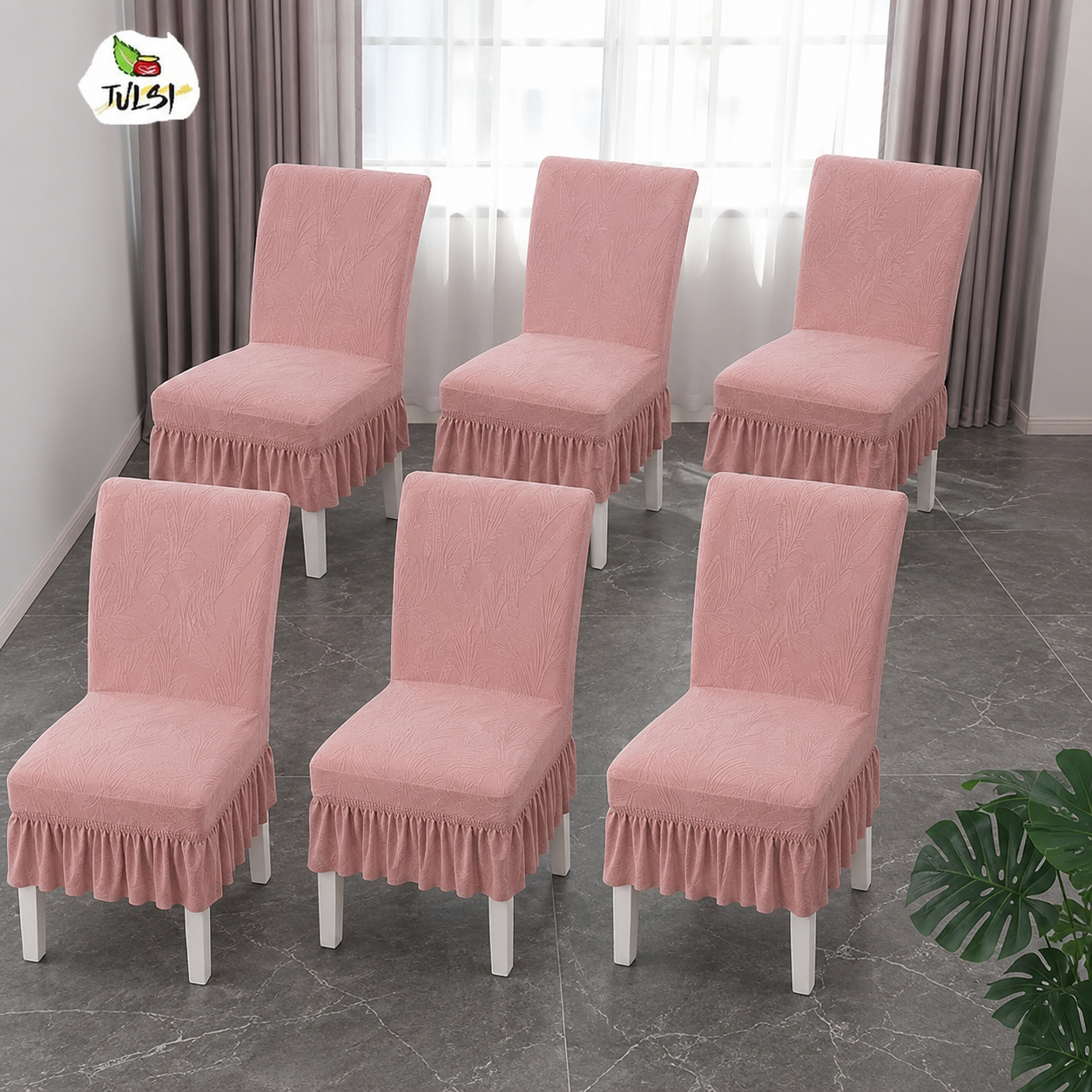 Tulsi Dusty Pink Jacquard Ruffled Chair Cover Set of 6| FRILL CHAIR COVERS (6 PIECES)