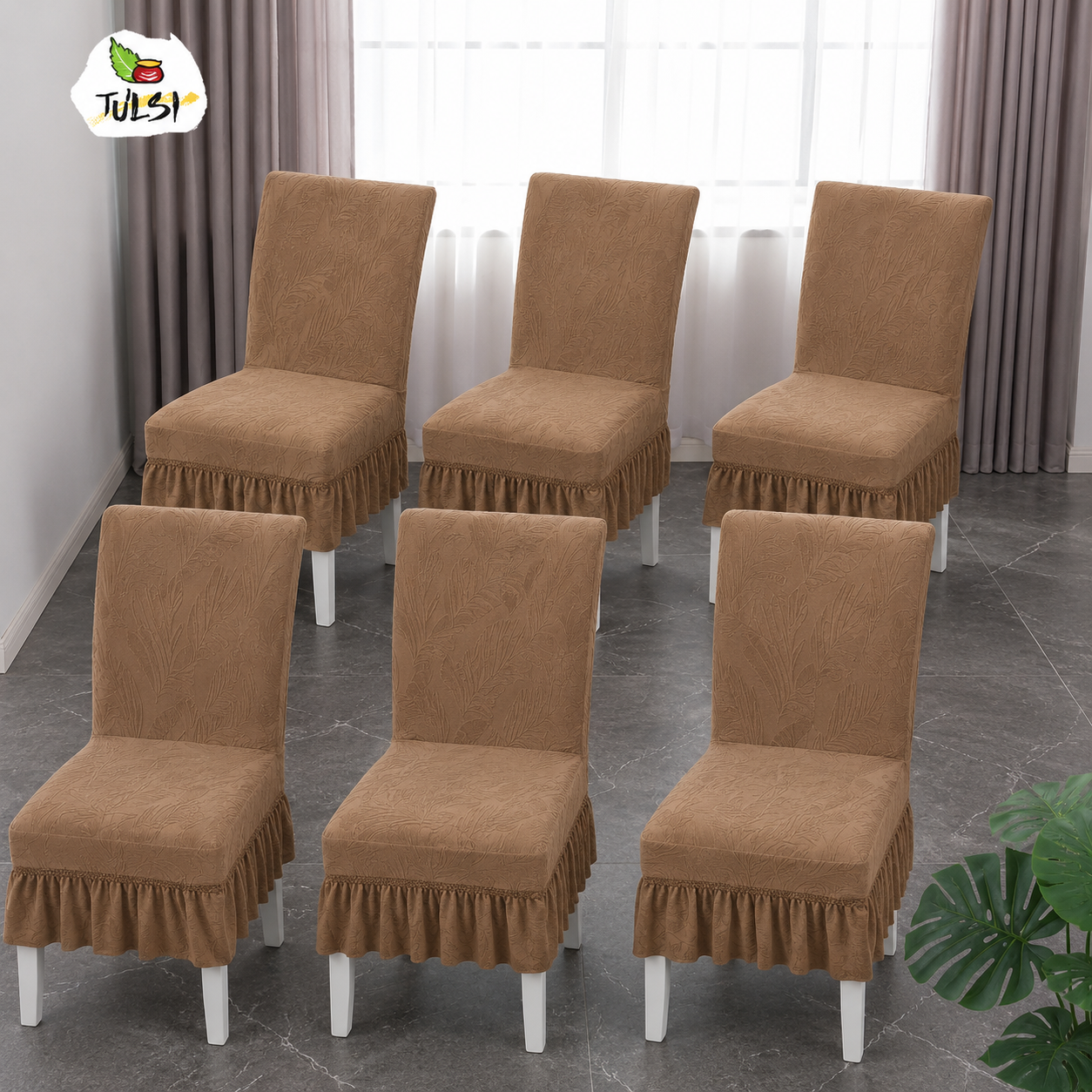 Brown Jacquard Stretch Dining Chair Covers Set of 6 with Ruffle |FRILL CHAIR COVERS (6 PIECES)